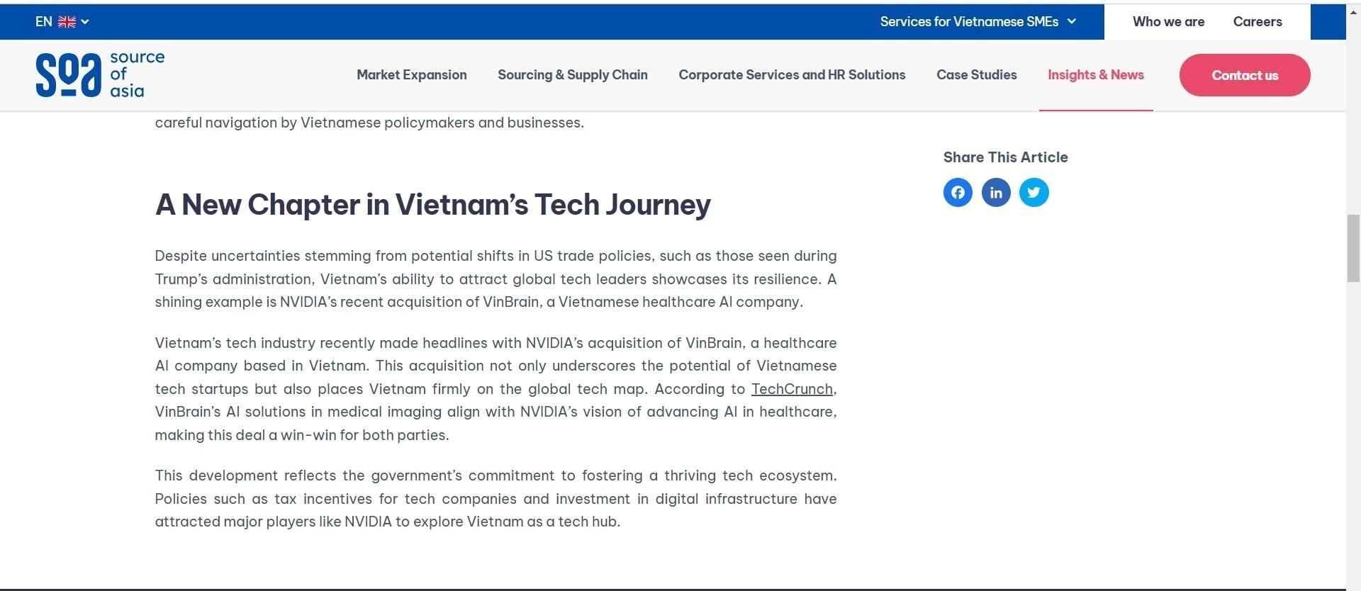 Trang thông tin sourceofasia.com ngày 23/12 có bài viết nhận định Việt Nam trở thành điểm đến đáng chú ý của các doanh nghiệp toàn cầu.