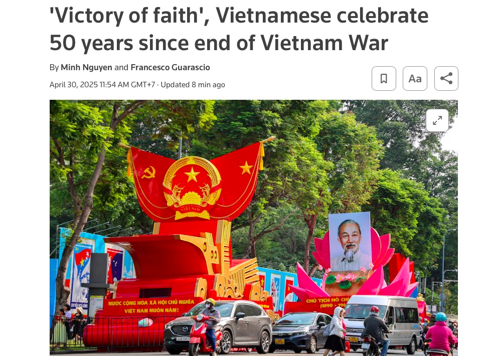 Tiêu đề bài viết về lễ kỷ niệm Lễ kỷ niệm 50 năm Ngày giải phóng miền Nam của hãng tin Reuters ngày 30/4/2025. Ảnh chụp màn hình