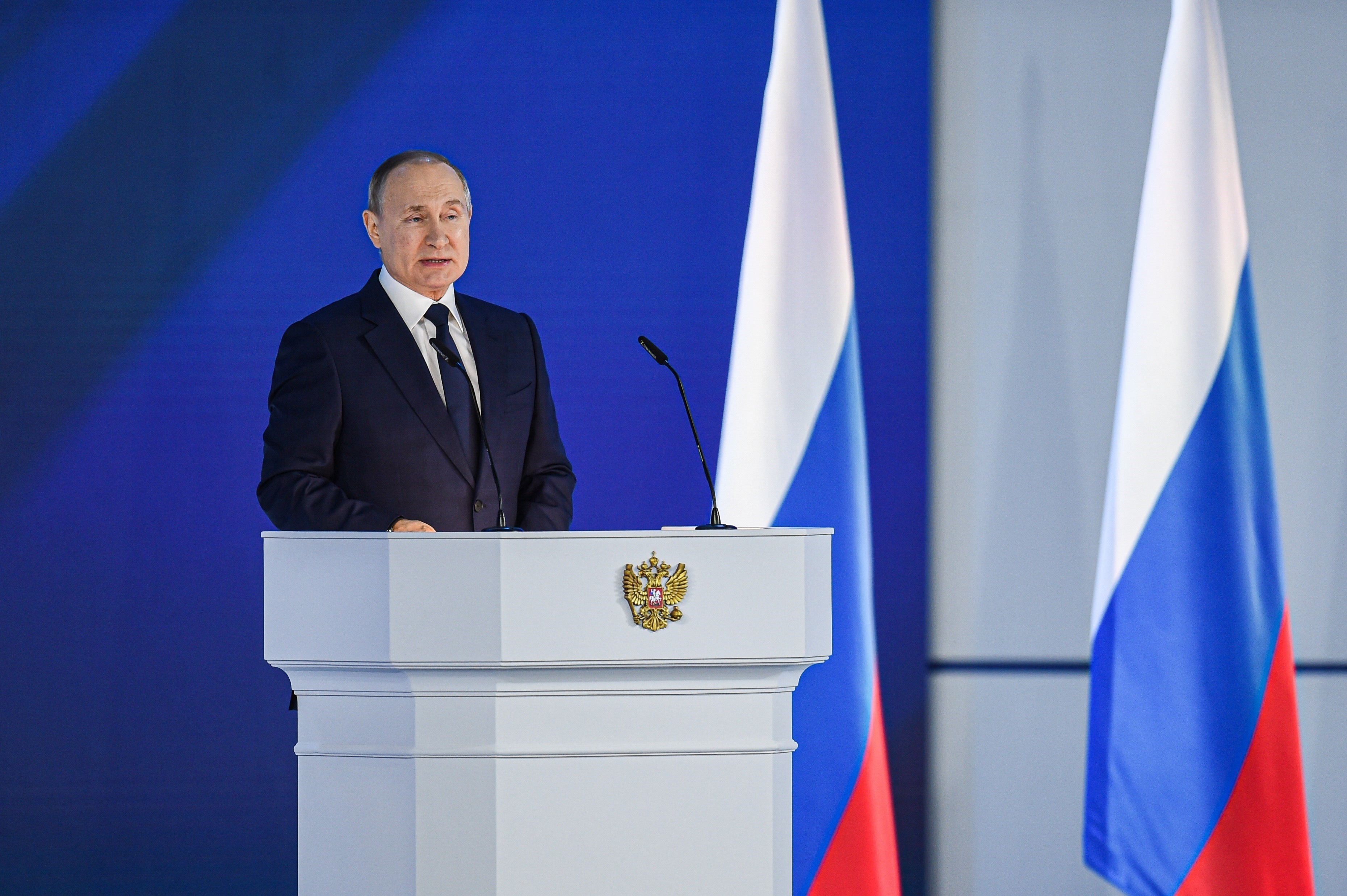 Tổng thống Nga Vladimir Putin trong một bài phát biểu trước Quốc hội liên bang. Ảnh tư liệu: THX/TTXVN