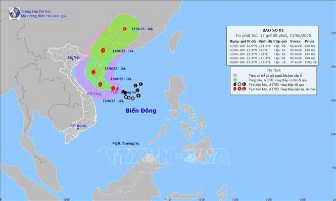 Hướng di chuyển của cơn bão số 1 lúc 16h ngày 11/6/2025.
