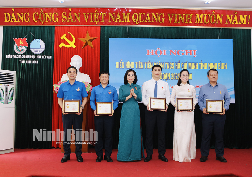 Đồng chí Đinh Thị Phượng, Phó Trưởng Ban tổ chức Tỉnh ủy trao kỷ niệm chương của Trung ương Đoàn TNCS Hồ Chí Minh cho các cá nhân tiên tiến.