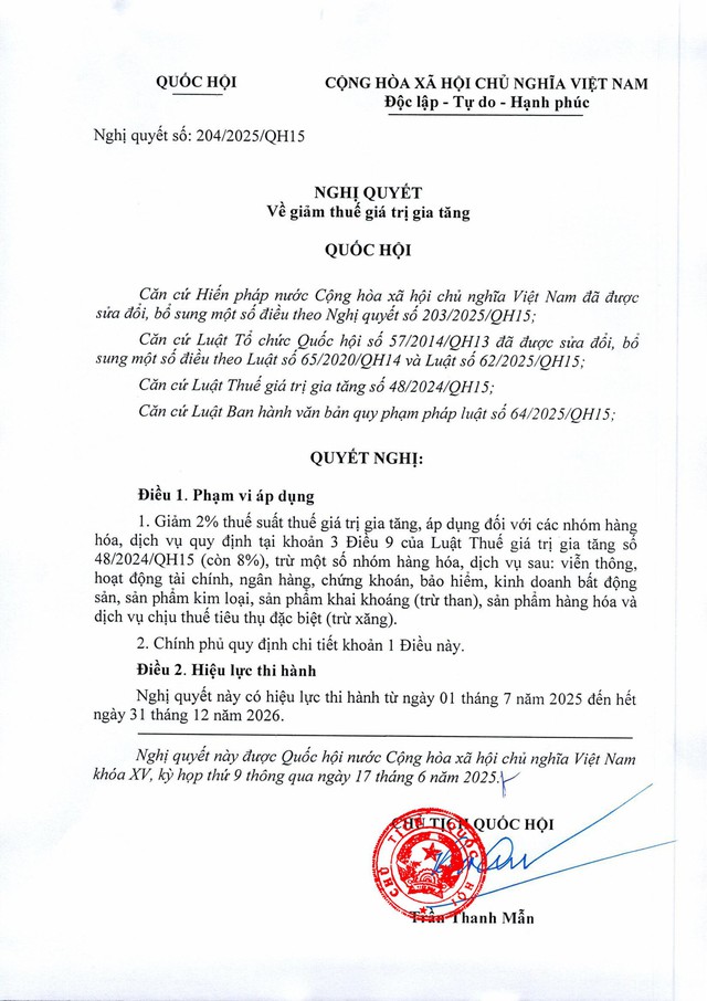 Nghị quyết số 204/2025/QH15 về giảm thuế giá trị gia tăng. Nguồn Quochoi.vn