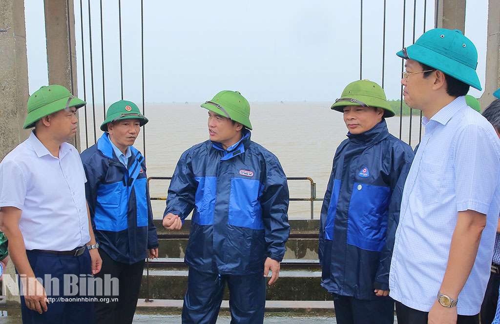 Đồng chí Nguyễn Văn Lượng, Ủy viên Ban Thường vụ Tỉnh ủy, Giám đốc Sở Xây dựng kiểm tra tại cống CT 11 thuộc tuyến đê Bình Minh 3.