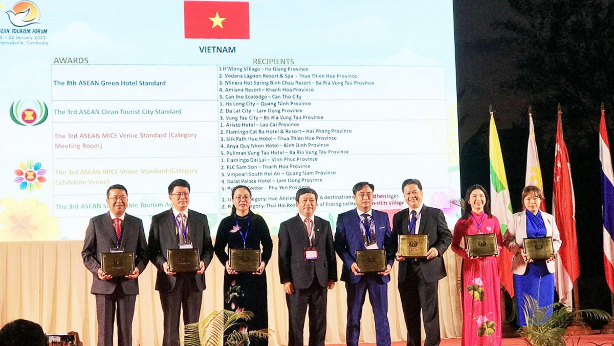 Deputy Minister of Culture, Sports and Tourism Doan Van Viet and representatives of localities and units received the award. (Photo: Vietnam National Administration of Tourism) Font Size: |