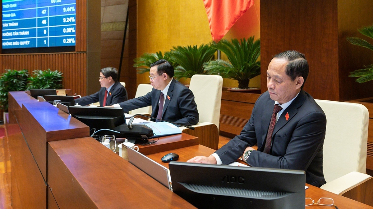 NA Chairman Vuong Dinh Hue and other NA Vice Chairmen press the buttons to approve the resolution on socio-economic development tasks for 2023.