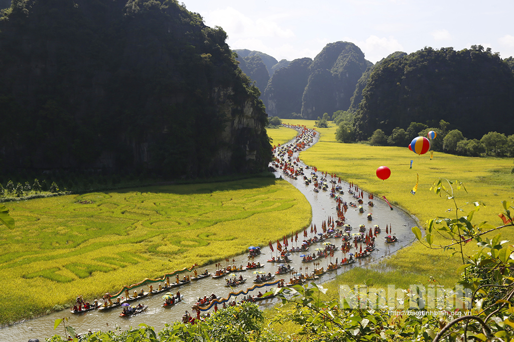The event offers a chance for visitors to admire a 9,500 sq.m painting using rice as material on vast fields of Tam Coc stretching along the winding Ngo Dong river.